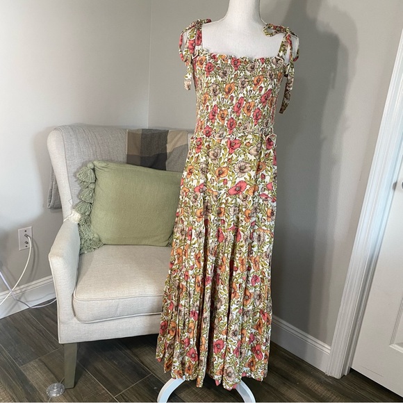 Abel the Label Floral Print Smocked Shoulder Tie Tiered Maxi Dress - Size M - Picture 2 of 7